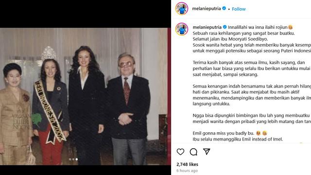 Unggahan Melanie Putria tentang Mooryati Soedibyo. (Instagram/ melanieputria)