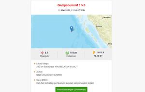 Gempa Magnitudo 5,7 mengguncang wilayah Nias Selatan, Sumatera Utara (Sumut). BMKG memastikan gempa tidak berpotensi tsunami. (Foto: tangkapan layar warning.bmkg.go.id)