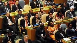 Suasana Sidang Umum PBB yang dihadiri oleh Wapres Jusuf Kalla di New York, AS, Selasa (19/9) waktu AS. Pada sesi itu seluruh delegasi mengikuti pidato pembukaan Sekjen PBB António Guterres. (Liputan6.com/Tim Media Wapres)