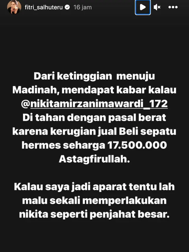 Unggahan Fitri Salhuteru soal Nikita Mirzani. (Foto: Dok. Instagram @fitri_salhuteru)