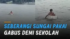 Penuh perjuangan perjalanan seorang bocah laki-laki ini ketika pergi sekolah. Karena harus menggunakan kotak gabus untuk menyeberangi sungai.