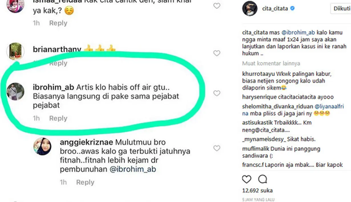 Komentar itu membuat geram penyanyi dangdut yang melejit lewat lagu Sakitnya Tuh Disini itu. Bahkan, ia memberikan waktu meminta maaf kalau tidak akan dilanjutkan ke proses hukum. (Instagram/cita_citata)