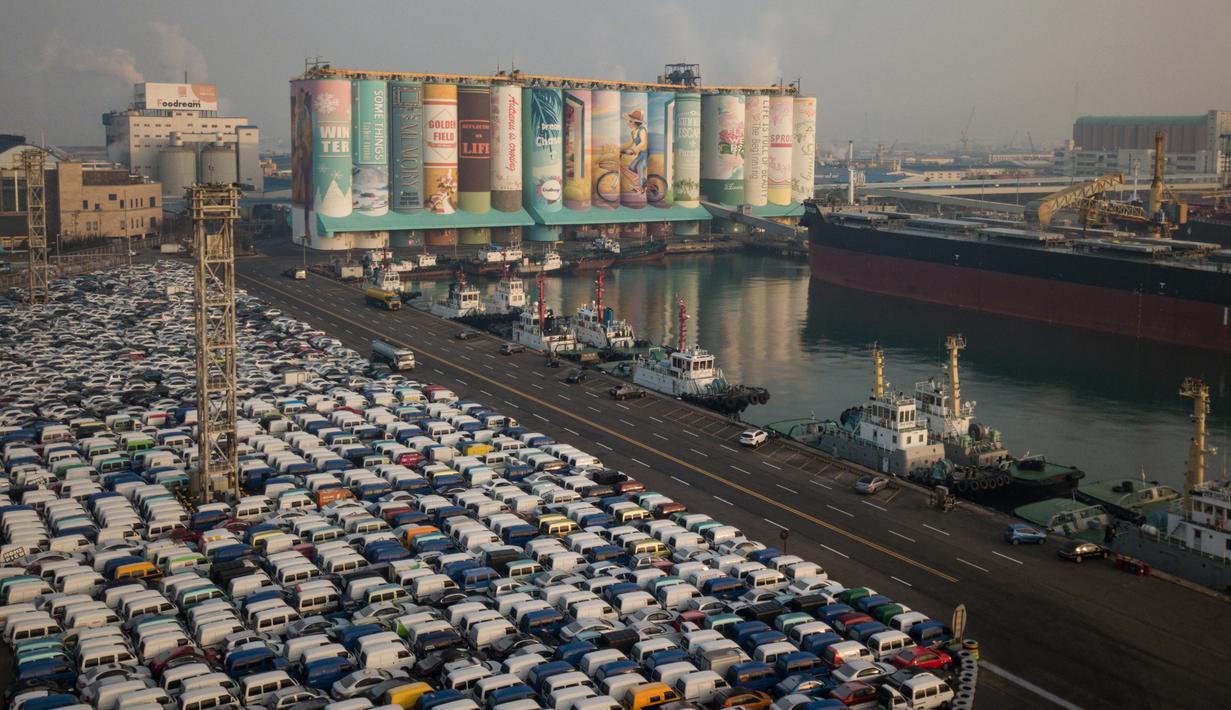 Sebuah mural luar ruangan raksasa yang ditampilkan pada silo gandum di kota pelabuhan Incheon, Seoul, Korea Selatan, Rabu (19/12). Desain mural menggambarkan perjalanan seorang anak muda ke masa dewasa dengan membentuk 16 sampul buku.  (Ed JONES/AFP)