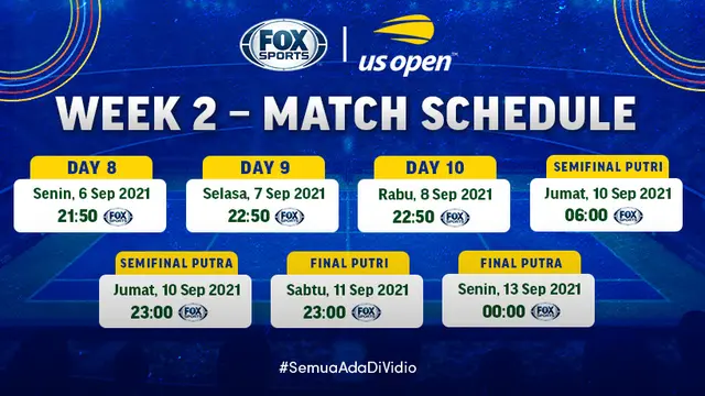 Live Streaming Grand Slam US Open Quarter Final di Vidio 7-13 September 2021