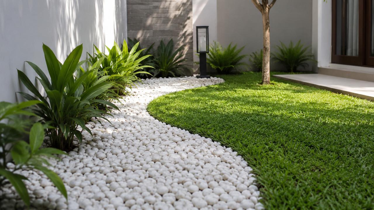 Inspirasi Kombinasi Batu Koral dan Rumput untuk Taman Minimalis