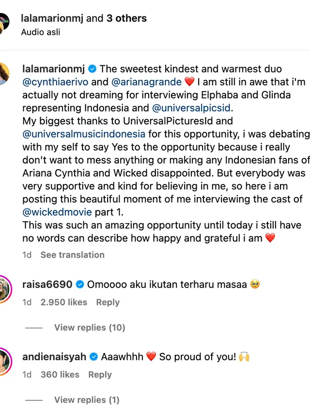 Unggahan Marion Jola. (Foto: Dok. Instagram @lalamarionmj)