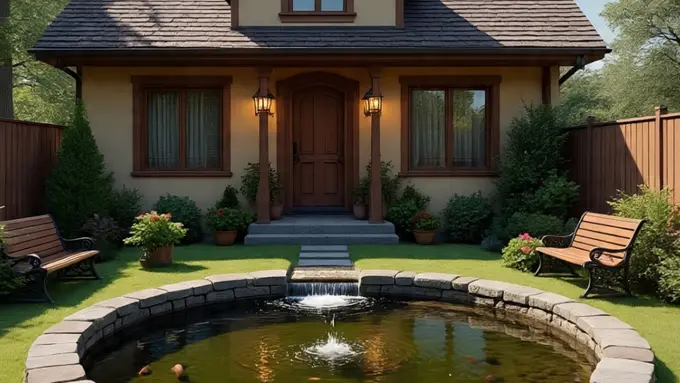 Ilustrasi Taman Depan Rumah Ukuran 6x9 dengan Kolam Mini(Sumber Gambar: Meta AI)