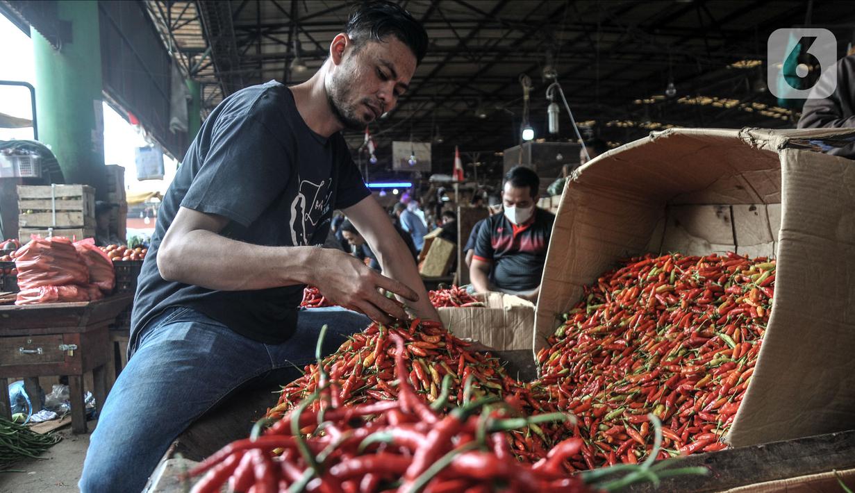 Pedagang merapikan cabai rawit merah di Pasar Induk Kramat Jati, Jakarta Timur, Rabu (14/12/2022). Telur ayam ras terpantau naik menjadi Rp 31.250 per kg, bawang merah menjadi Rp 38.200 per kg, cabai rawit merah menjadi Rp 54.600 per kg, cabai rawit hijau menjadi Rp 46.500 per kg, dan minyak goreng curah Rp 15.000 per kg. (merdeka.com/Iqbal S. Nugroho)