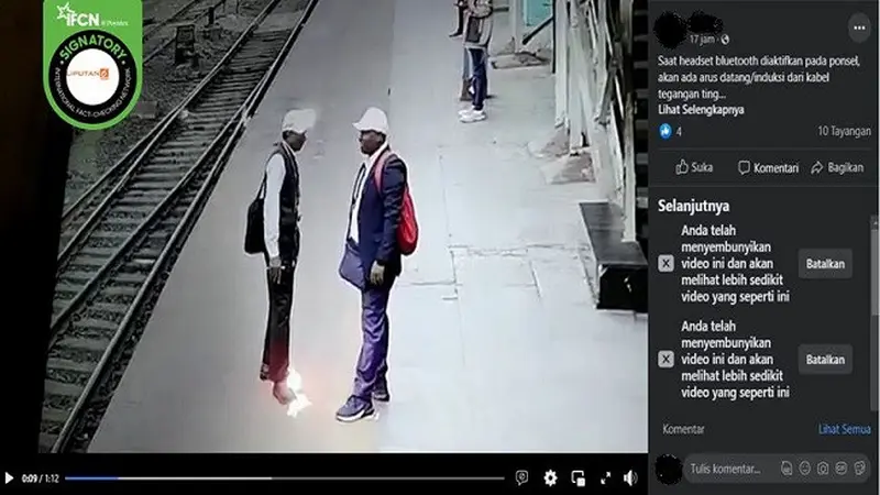 Gambar Tangkapan Layar video yang Diklaim Pria tersengat Listrik karena Pakai Headset Bluetooth di Peron Stasiun Kereta (sumber: Facebook).