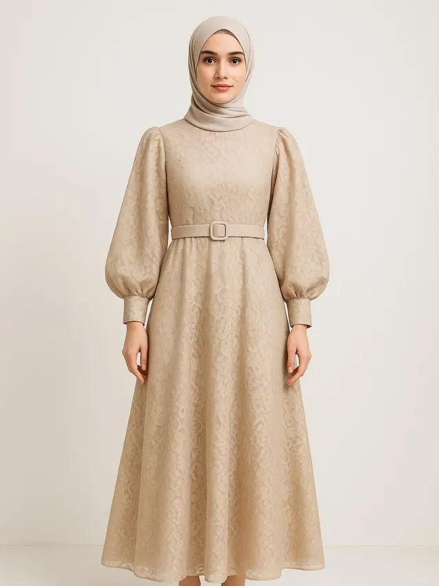 Model Gamis A-Line Brokat dengan Lengan Balon