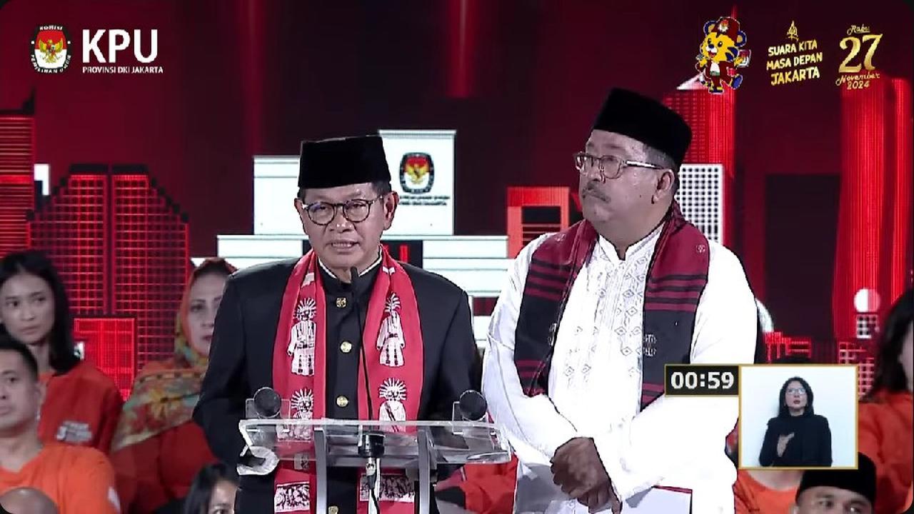 Paslon gubernur dan calon wakil gubernur nomor urut 3 Pramono Anung-Rano Karno saat debat terakhir atau debat ketiga Pilkada Jakarta 2024.