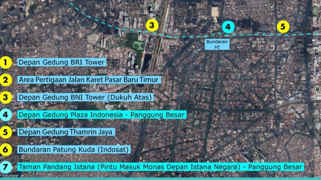 Denah panggung pesta rakyat di sepanjang jalan Semanggi, Sudirman, Thamrin sampai ke Istana, Monas.