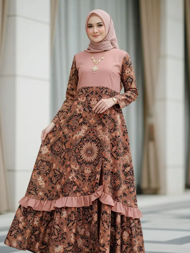 Model Gamis Batik Modern dengan Ruffle Minimalis di Bagian Hem