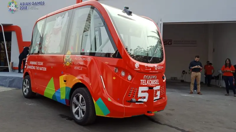 bus otonomos atau nirsopir Navya dipakai di perhelatan Asian Games 2018 (Arief A/Liputan6.com)