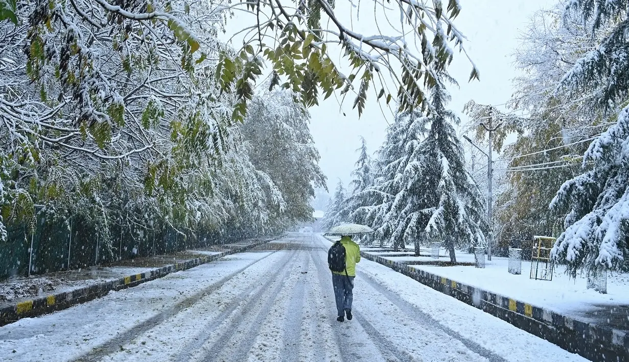 Seorang pria berjalan saat turunnya salju pertama di kota utama Kashmir, Srinagar, Kamis (7/11/2019). Srinagar menyambut salju pertama musim ini yang mulai turun. (Photo by Tauseef MUSTAFA / AFP)