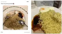 Potret Makan Mi Goreng Tidak Diaduk Nyeleneh. (Sumber: Twitter/@txtdarigajelas dan TikTok/@hyeandre)