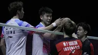 Ganda putra Indonesia, Marcus Gideon / Kevin Sanjaya, berhasil mengalahkan Li Jun Hui / Liu Yu Chen pada Indonesia Open 2019 di Istora Senayan, Sabtu (20/7). Marcus / Kevin menang 21-9 dan 21-13. (Bola.com/Vitalis Yogi Trisna)