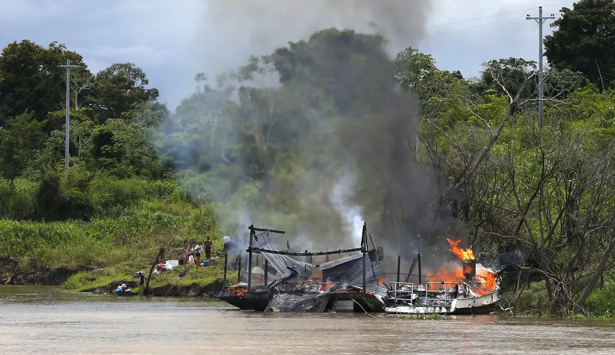 Penambang emas ilegal menyaksikan tongkang mereka terbakar di Sungai Madeira, Borba, Amazonas, Brasil, 28 November 2021. Institut Lingkungan dan Sumber Daya Alam Terbarukan Brasil membakar lebih dari 60 tongkang untuk menahan penambangan emas ilegal di anak Sungai Amazon. (AP Photo/Edmar Barros)