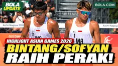 Highlight final voli pantai putra Asian Games Aichi-Nagoya 2026. Bintang Akbar/Sofyan Rachman Efendi menghadapi pasangan Qatar, Cherif Samba/Ahmed Janko, dalam perebutan medali emas. Indonesia harus mengakui keunggulan Qatar dalam pertarungan tiga se...