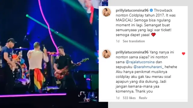 Postingan Instagram Prilly yang htowback ke momen nonton konser Coldplay.