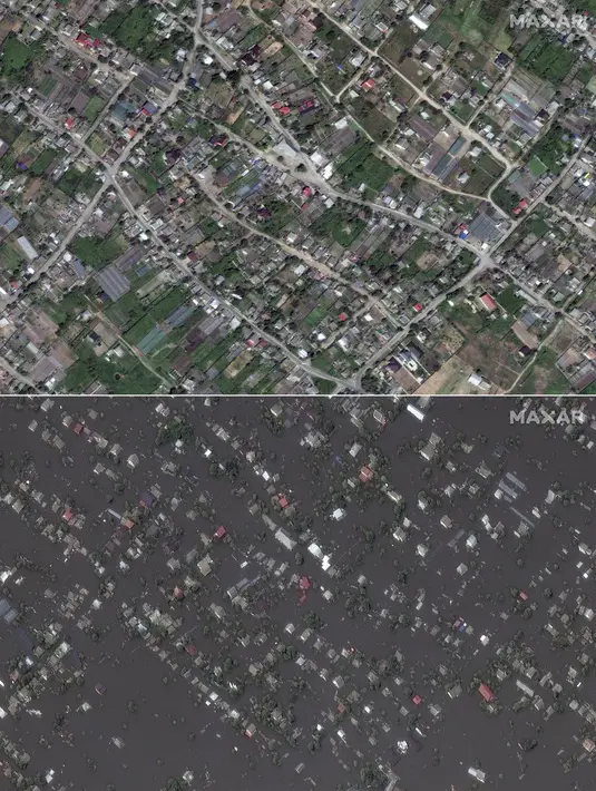 <p>Kombinasi foto yang disediakan oleh Maxar Technologies ini menunjukkan kondisi wilayah Oleshky, Ukraina, sebelum banjir pada 15 Mei 2023 (atas) dan setelah banjir pada 7 Juni 2023. (Satellite image &copy;2023 Maxar Technologies via AP)</p>