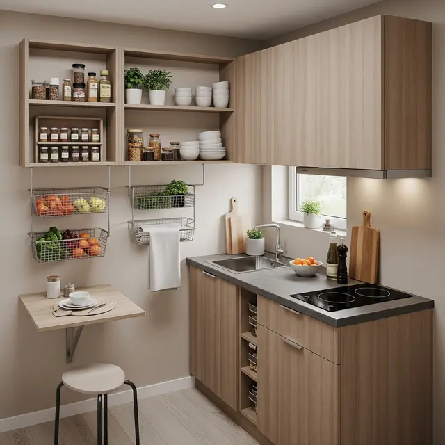 9 Desain Dapur Rumah Type 21 Ukuran 1x2 Meter dengan Rak Gantung dan Meja Lipat