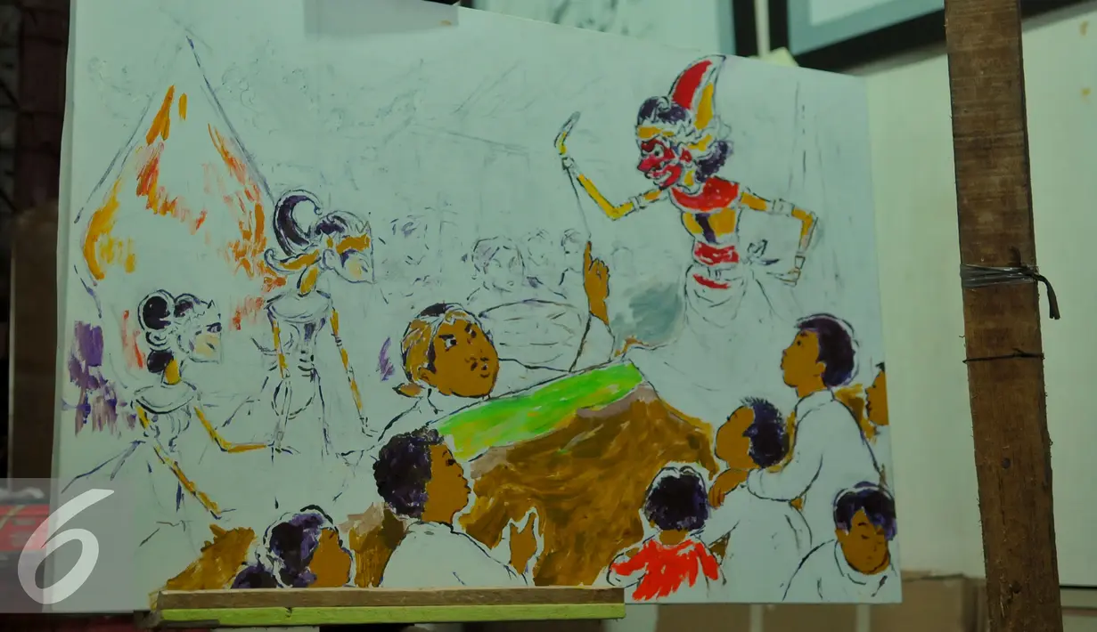 Salah satu lukisan karya almarhum Pak Raden yang belum terselesaikan terlihat di ruangan di rumah duka Petamburan III, Jakarta (30/10/2015). Sang kreator Si Unyil ini senantiasa menemani kita sejak tayang pada tahun 1981. (Liputan6.com/Faisal R Syam)