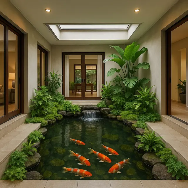 Ide Model Rumah yang Trending 2025 dengan Banyak Tumbuhan dan Kolam Ikan (Image by ChatGPT)