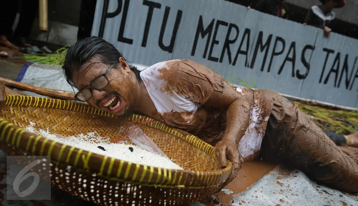 Seorang petani saat menggelar aksi menanam padi di depan Kedubes Jepang, Jakarta, Senin (5/12). Dalam aksinya, mereka menuntut ganti rugi paska penutupan akses lahan pertanian mereka karena pembangunan PLTU batu bara Batang. (Liputan6.com/Faizal Fanani)