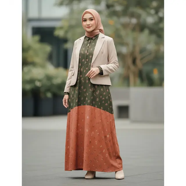 9 Model Gamis Two-Tone dengan Blazer Pendek, Modern dan Anggun di 2026