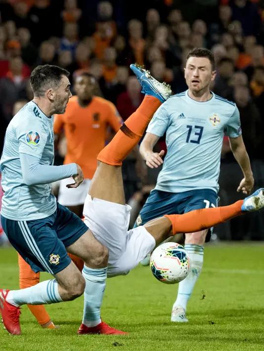 Pemain Belanda Donyell Malen (tengah) berebut bola dengan pemain Irlandia Utara Michael Smith (kiri) pada laga kualifikasi Euro 2020 di Rotterdam, Belanda, Kamis (10/10/2019). Belanda menang 3-1 dengan dua gol di antaranya dicetak Memphis Depay. (Koen van Weel/ANP/AFP)