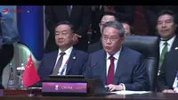 Perdana Menteri Republik Rakyat Tiongkok (RRT) Li Qiang dalam pidato pembukaan di 20th ASEAN-China Summit sebagai rangkaian KTT ke-43 ASEAN, Rabu (6/9/2023). (Youtube Sekretariat Presiden)