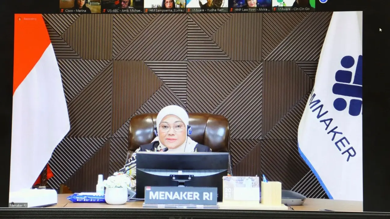 Menaker Ida Fauziyah dalam pertemuan dengan US-ASEAN Business Council secara virtual, pada Kamis (2/9/2021)