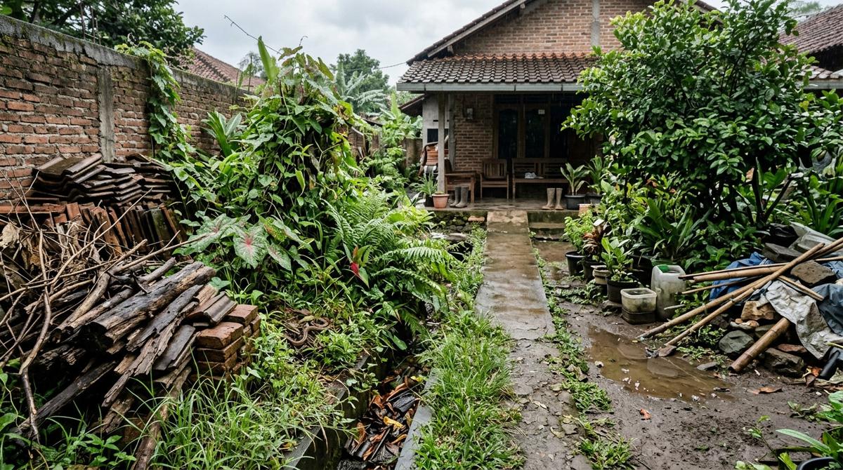 Bagian Halaman Rumah yang Berpotensi Jadi Tempat Persembunyian Ular saat Musim Hujan (AI Generated)