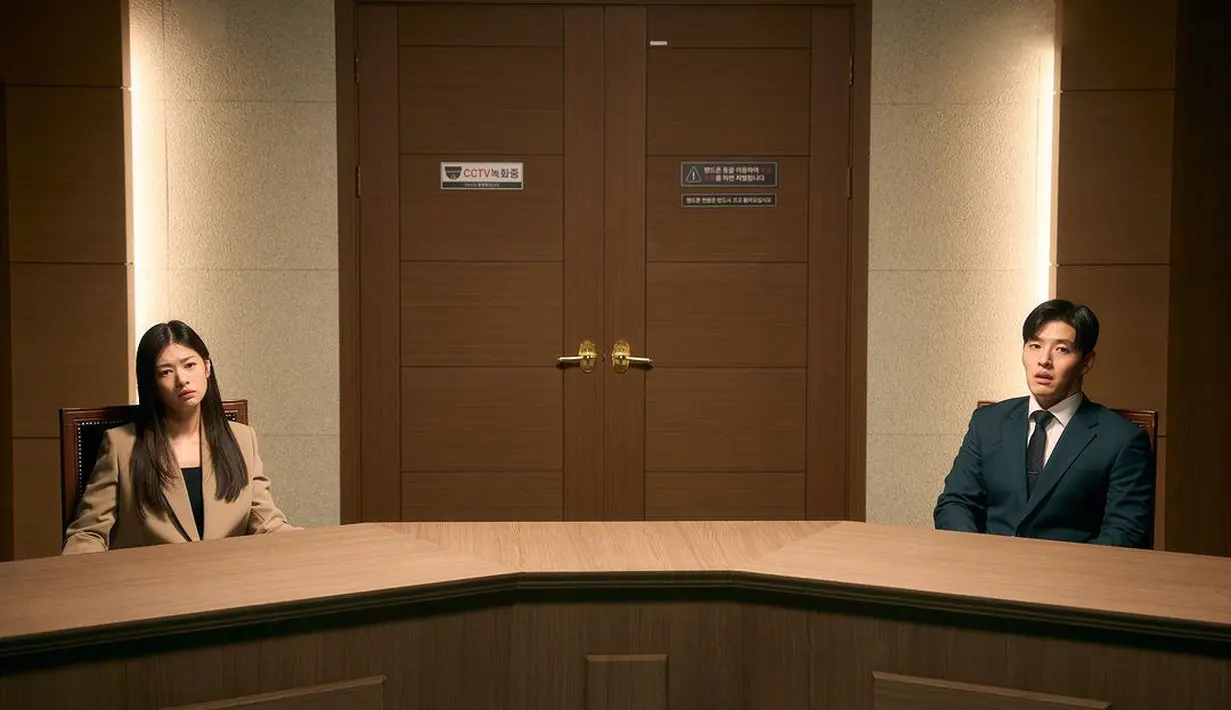 Permasalahan yang dihadapi membuat mereka memilih jalan untuk bercerai. Posisi duduk yang berjauhan menegaskan hubungan mereka yang merenggang. (Foto: Mindmark via Soompi)