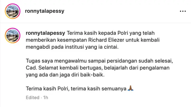 Pesan perpisahan Ronny Talapessy untuk Richard Eliezer (Foto: Dok. Instagram @ronnytalapessy)