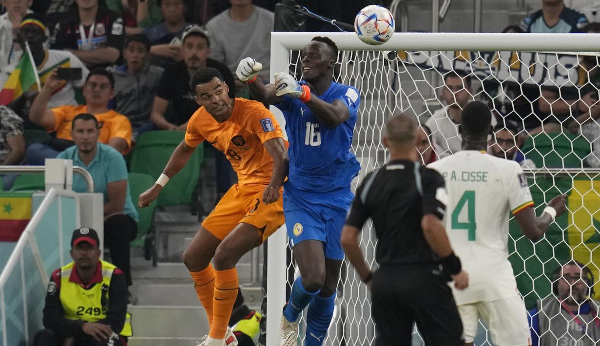 Timnas Belanda baru berhasil memecah kebuntuan pada menit ke-84. Gol yang ditunggu-tunggu lahir lewat aksi sundulan tipis Cody Gakpo yang berhasil memperdaya Edouard Mendy. (AP/Ricardo Mazalan)