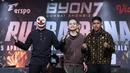 Presiden Byon, Yoshua Marcellos Muliardo bersama petarung Nidal Mahmoud dan Adam Maulana saat Face off sekaligus jumpa pers Byon Combat Showbiz Vol.7 di SCTV Tower, Jakarta, Kamis (12/3/2026). (Bola.com/M Iqbal Ichsan)