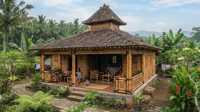 Rumah bambu sederhana tapi tidak ketinggalan zaman model gaya joglo Jawa