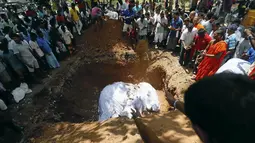 Suasana haru pemakaman seekor gajah di Colombo, Sri Lanka, Selasa (15/3). Sebelumnya gajah ini telah mengalami perawatan selama 6 bulan terakhir. (REUTERS / Dinuka Liyanawatte) 