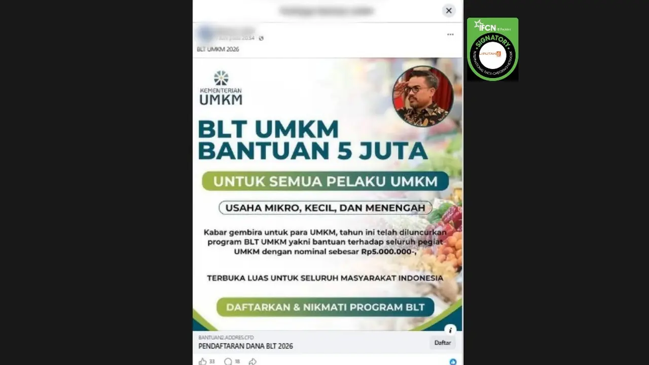Cek Fakta Liputan6.com mendapati klaim link atau tautan pendaftaran BLT UMKM 2026 sebesar Rp 5.000.000.