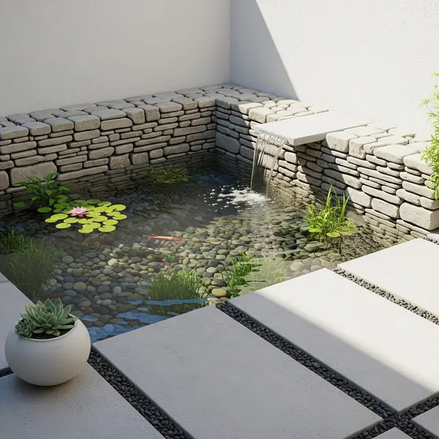 Model Teras Rumah 2x2 dengan Kolam Ikan Mini (Image by Gemini AI)