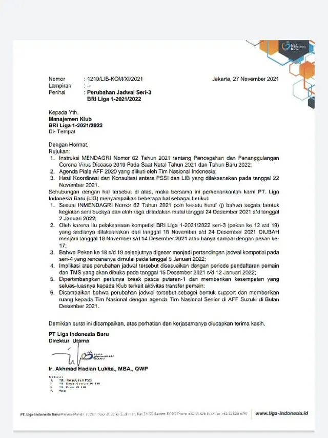 Surat PT LIB kepada klub.