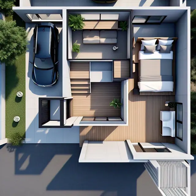 Denah Rumah Minimalis 2 Kamar Ukuran 7x9 dengan Garasi