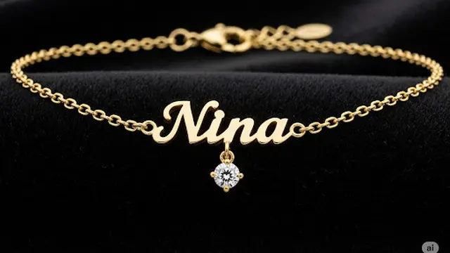 Gelang Rantai Emas Medium dengan Charm Nama dan Bandul Berlian