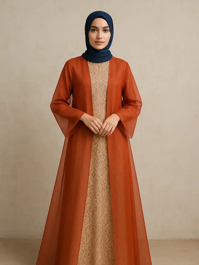 Model Long Dress Brokat Kombinasi Outer Organza Transparan