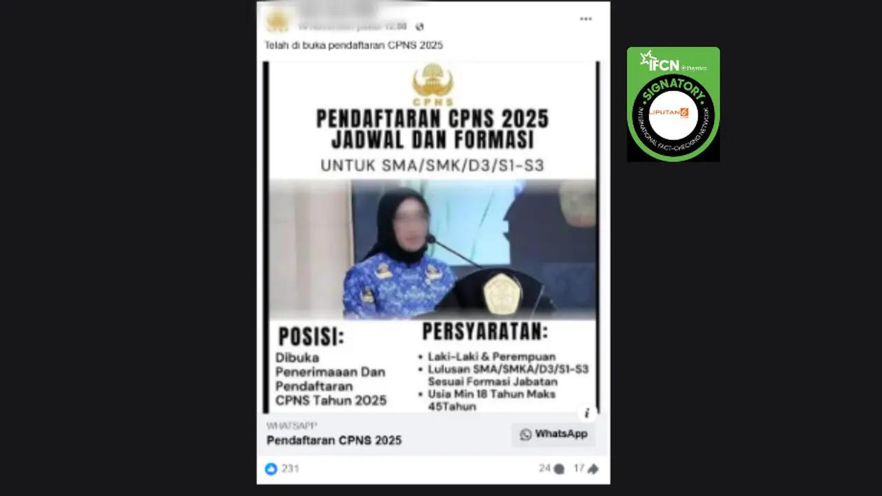 Tangkapan layar klaim link pendaftaran CPNS 2025 yang beredar di Facebook.