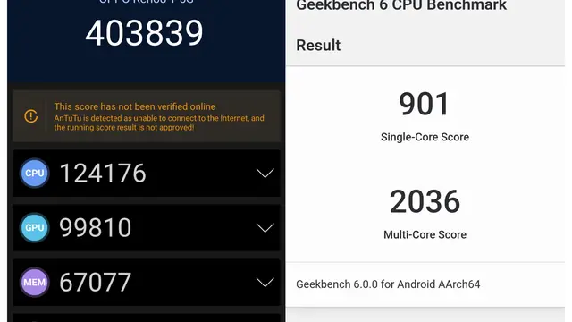 Skor AnTuTu (kiri) dan Geekbench (kanan) untuk Oppo Reno8 T 5G (Liputan6.com/Giovani Dio Prasasti)