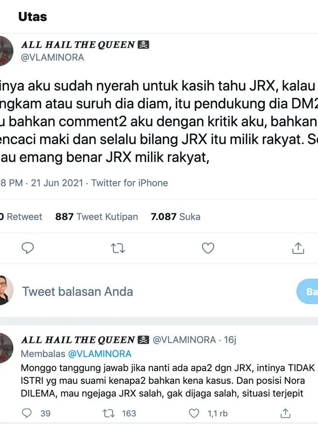 Unggahan Nora Alexandra. (Foto: Dok. Twitter @VLAMINORA)