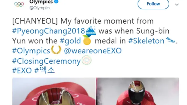 Cuitan Chanyeol EXO di akun Twitter Olimpiade (Twitter/ @Olympics)